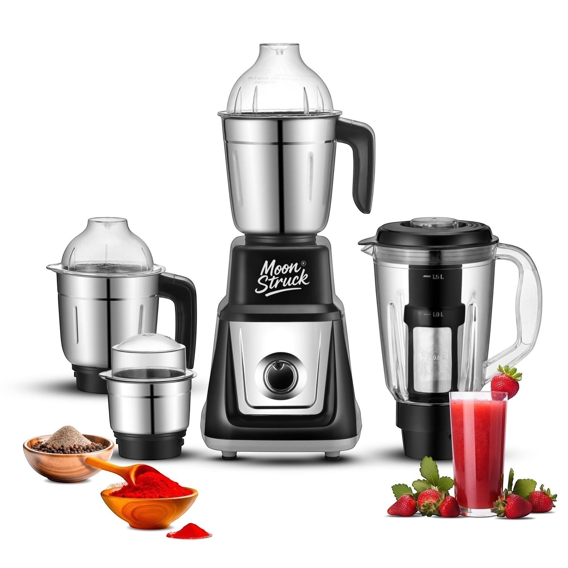 Moonstruck black 1000W juicer mixer grinder with 4 stainless steel jars, seed extractor, and a glass of strawberry juice.