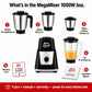 Moonstruck MegaMixer 1000W juicer mixer grinder in black with 4 jars: 1.5L liquidising, 1.2L dry, 400ml chutney, and 1.5L PC live view jar.