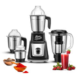 Moonstruck black 1000W juicer mixer grinder with 4 stainless steel jars, seed extractor, and a glass of strawberry juice.