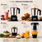 Moonstruck MegaMixer 1000W black juicer mixer grinder with 4 jars: 1.5L liquidizing, 1.2L dry grinding, 400ml chutney, and 1.5L juicer with seed extractor.