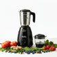 Moonstruck Kuro black 700W mixer grinder with stainless steel jar and transparent chutney jar, surrounded by ingredients like tomatoes, ginger, spinach, blueberries, and strawberries.