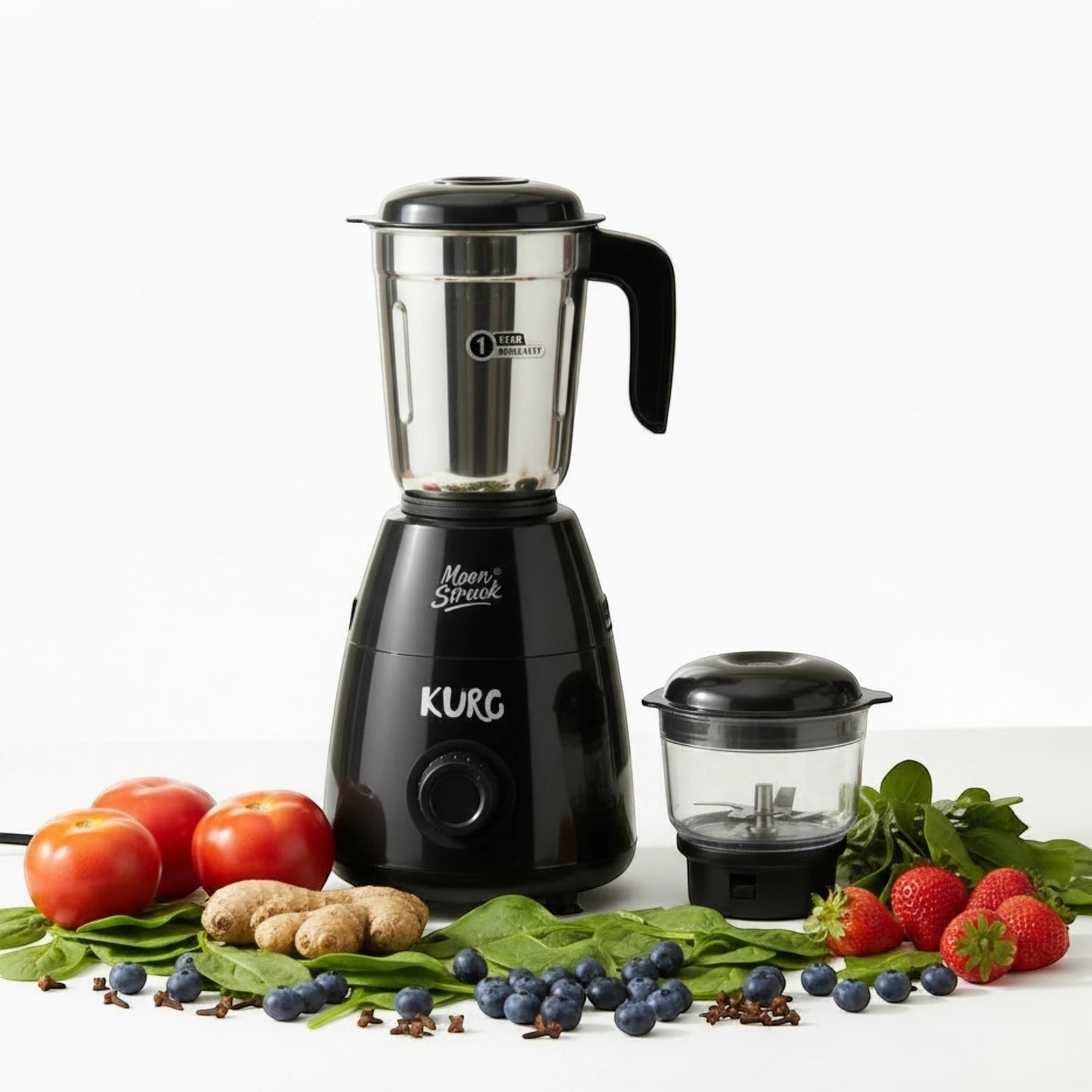 Moonstruck Kuro black 700W mixer grinder with stainless steel jar and transparent chutney jar, surrounded by ingredients like tomatoes, ginger, spinach, blueberries, and strawberries.