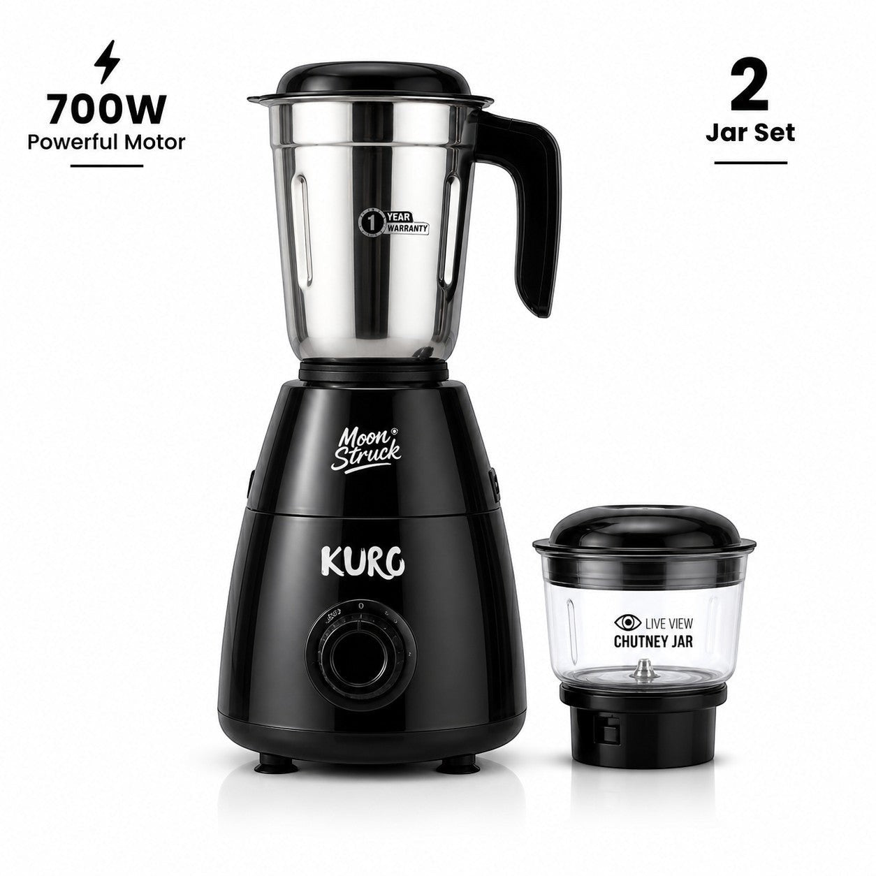 Moonstruck Kuro black 700W mixer grinder with 1.2L stainless steel jar and 0.4L transparent chutney jar. Features HeatShield motor and 1-year warranty.