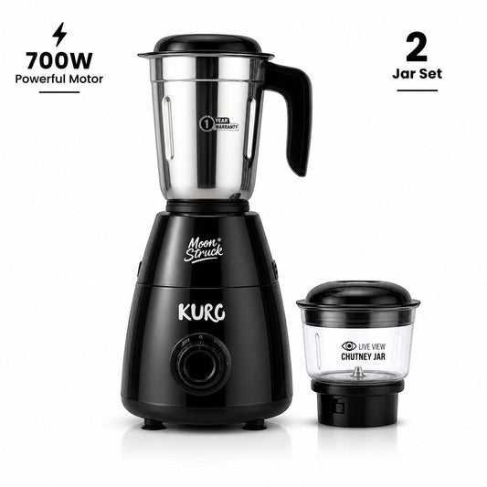Moonstruck Kuro black 700W mixer grinder with 1.2L stainless steel jar and 0.4L transparent chutney jar. Features HeatShield motor and 1-year warranty.