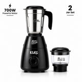 Moonstruck Kuro black 700W mixer grinder with 1.2L stainless steel jar and 0.4L transparent chutney jar. Features HeatShield motor and 1-year warranty.