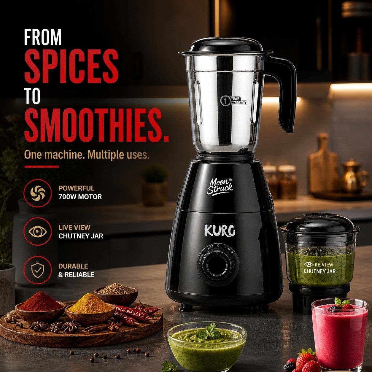 Moonstruck Kuro gray 700W mixer grinder with 2 jars, featuring a LiveView chutney jar and powerful motor for spices and smoothies.