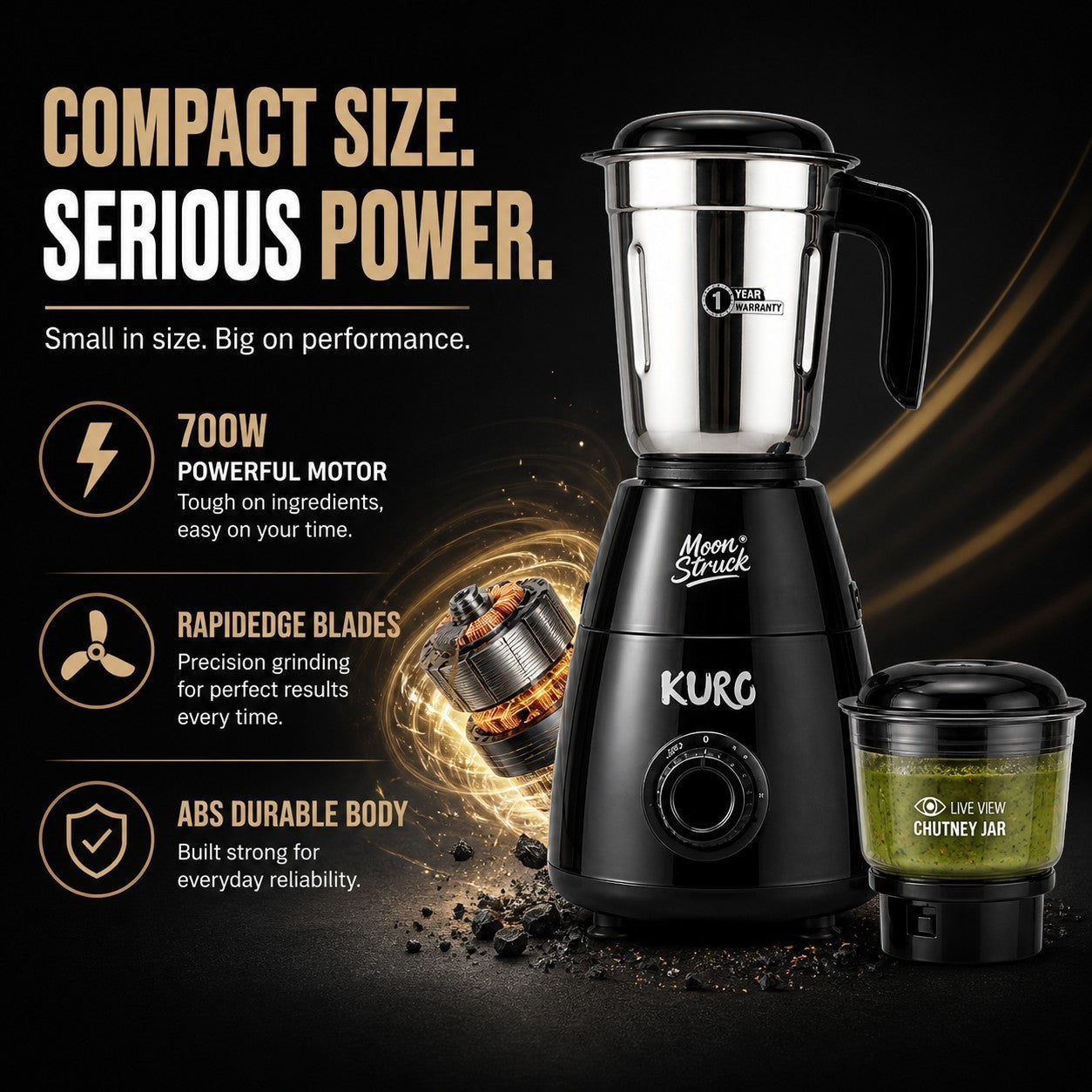 Moonstruck Kuro gray 700W mixer grinder with stainless steel jar and transparent chutney jar. Features RapidEdge blades and HeatShield motor.