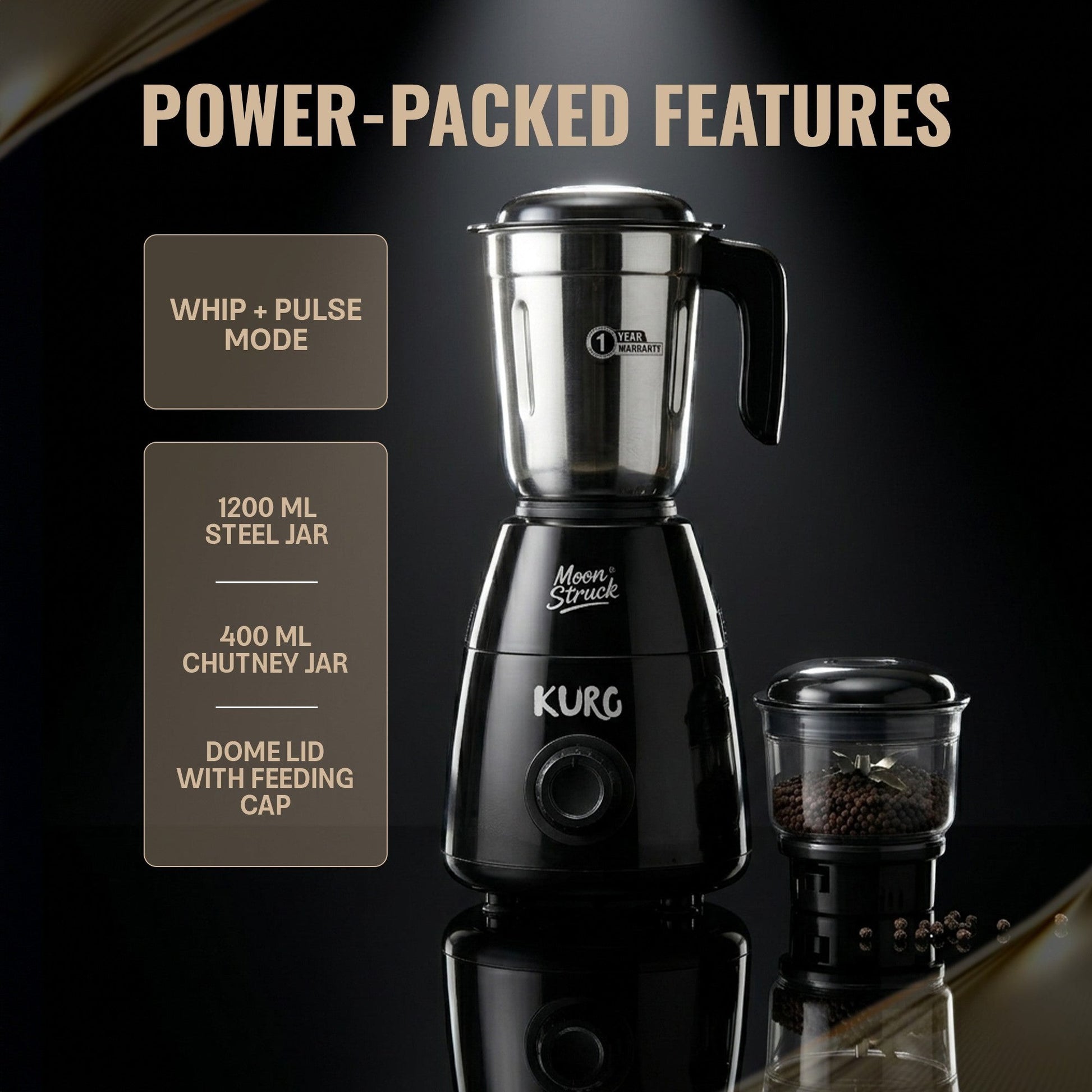 Moonstruck Kuro gray 700W mixer grinder with 1200ml steel jar and 400ml chutney jar, featuring pulse mode and HeatShield motor.