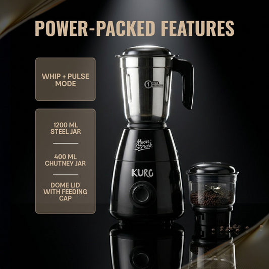 Moonstruck Kuro gray 700W mixer grinder with 1200ml steel jar and 400ml chutney jar, featuring pulse mode and HeatShield motor.