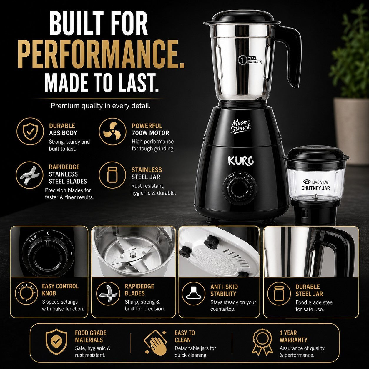 Moonstruck Kuro gray 700W mixer grinder with 2 jars, featuring a HeatShield motor, LiveView chutney jar, and anti-skid stability.