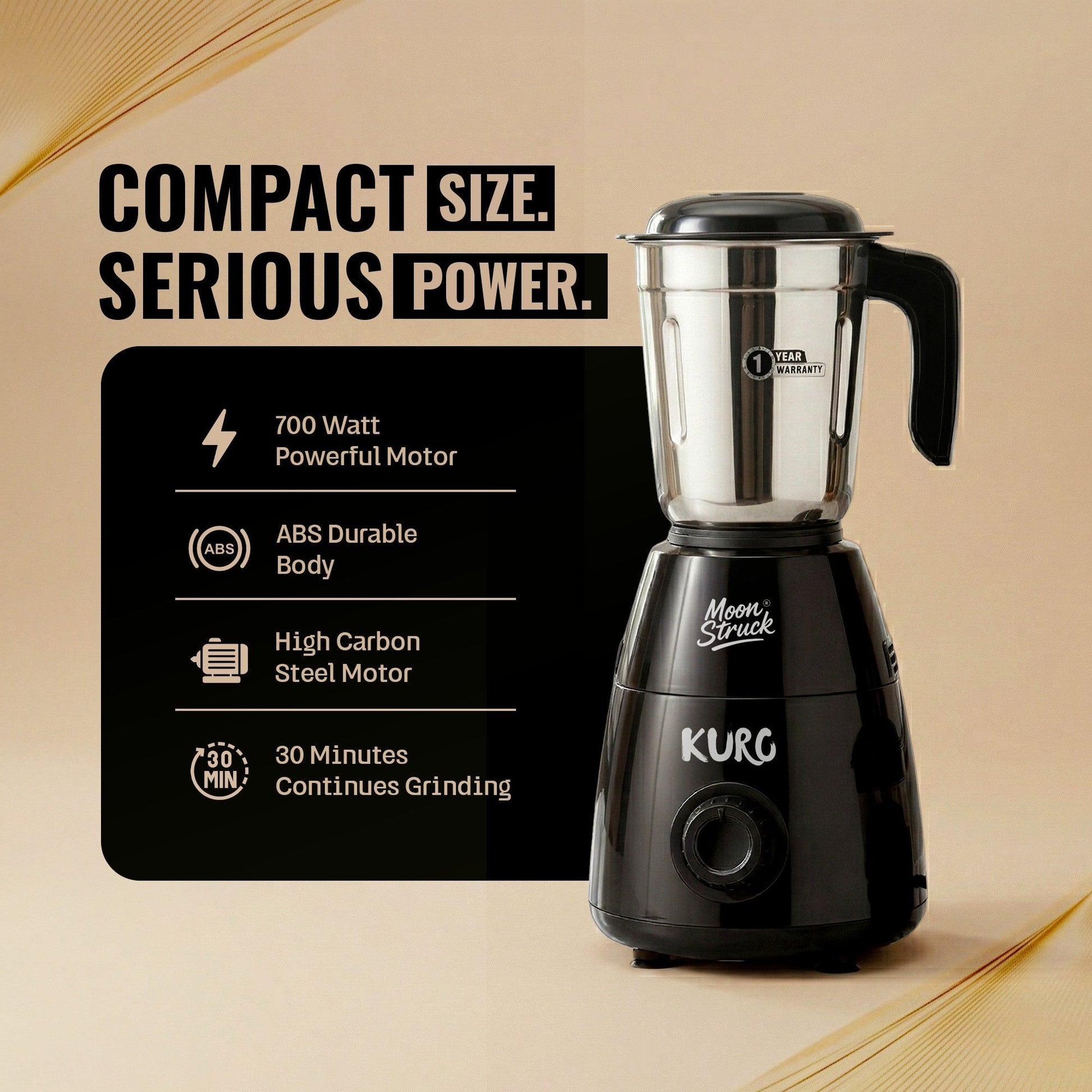 Moonstruck Kuro gray 700W mixer grinder with stainless steel jar and ABS body, featuring a 1-year warranty sticker.