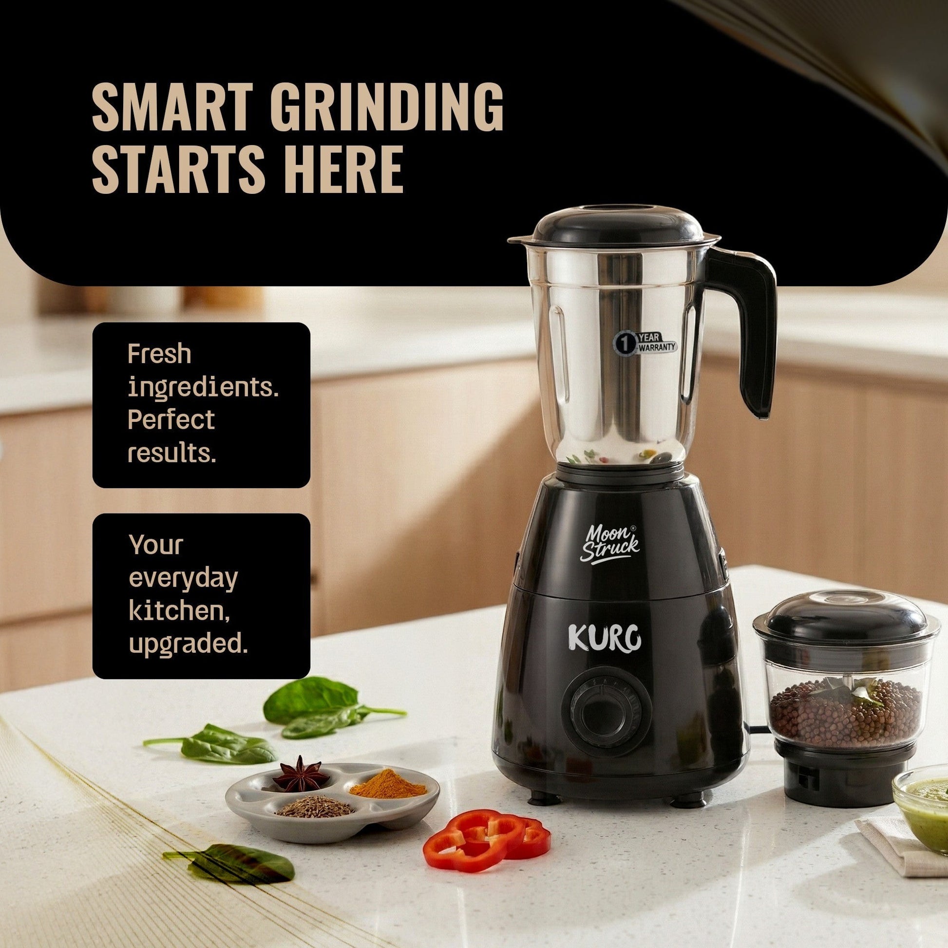 Moonstruck Kuro gray 700W mixer grinder with 2 jars, featuring a stainless steel wet grinding jar and a transparent chutney jar.