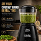 Moonstruck Kuro gray 700W mixer grinder with a transparent chutney jar showing green chutney being ground. Features include Live View Jar, Lock & Go, and Even Consistency.