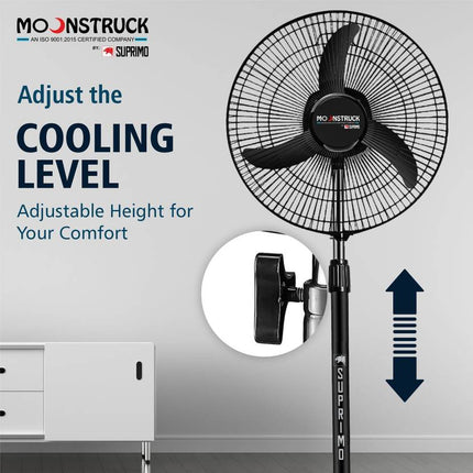 Moonstruck Suprimo 430 mm High-Speed 3-Blade Pedestal Fan – Energy-Saving & Anti-Dust Design (Black)