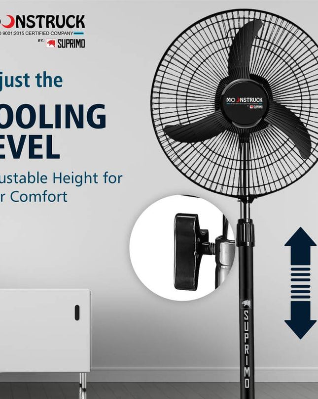 Moonstruck Suprimo 430 mm High-Speed 3-Blade Pedestal Fan – Energy-Saving & Anti-Dust Design (Black)