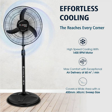 Moonstruck Suprimo 430 mm High-Speed 3-Blade Pedestal Fan – Energy-Saving & Anti-Dust Design (Black)