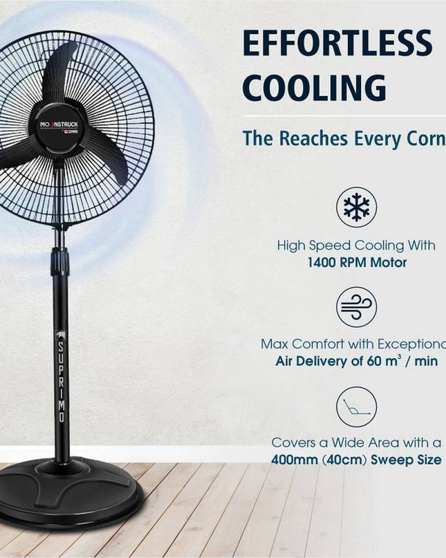 Moonstruck Suprimo 430 mm High-Speed 3-Blade Pedestal Fan – Energy-Saving & Anti-Dust Design (Black)