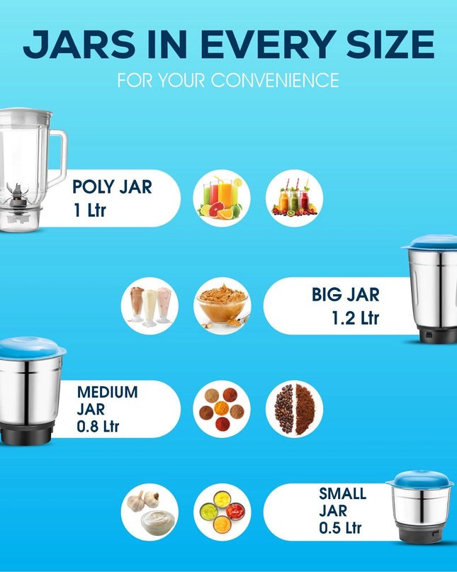 Moonstruck Blue 750 Watt Mixer Grinder with 4 Jars